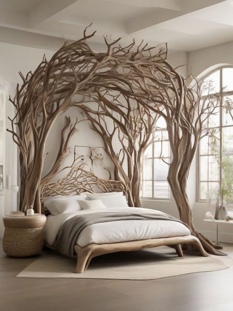 Transform your bedroom into a ‘Tranquil Canopy’ with our bed design inspired by the harmony of nature. The canopy, mimicking tree branches, creates a serene and immersive sleeping space, bringing the calming influence of the outdoors into your home. 🛏️🌲✨ #TranquilCanopyBed #NatureHarmony #ImmersiveSleep #PinterestSereneSpaces Canopy Bed Design, Forest Bedroom, Tree Bed, Romantic Bedroom Decor, Romantic Bedroom, Canopy Bed, Functional Furniture, Embroidery Ideas, Cool Rooms