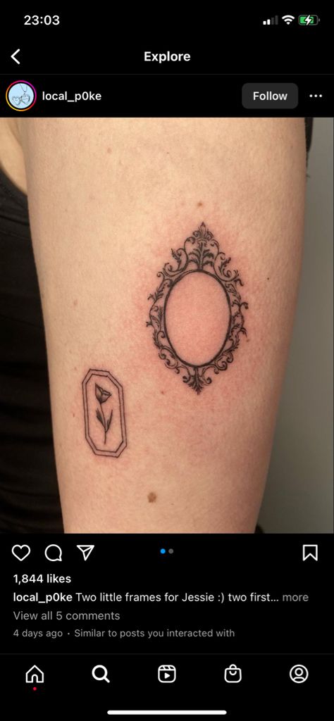 Mirror Tattoo Simple, Oval Frame Tattoo, Handheld Mirror Tattoo, Antique Mirror Tattoo, Antique Frame Tattoo, Mirror Tattoo Vintage, Mirror Tattoo Design, Hand Mirror Tattoo, Frame Tattoo Design