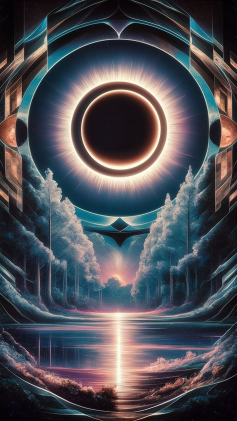 Immerse yourself in this mesmerizing digital painting of an eclipse, where the moon gracefully obscures the sun, casting a radiant halo. With vibrant colors and dreamlike distortions, this artwork features a serene lake reflecting ethereal light and majestic tree silhouettes. Abstract Art Deco patterns enhance the cosmic ambiance. Perfect for lovers of digital art, celestial events, and tranquility. Eclipse Artwork, Doorway Art, Majestic Tree, Radiant Halo, Ethereal Light, Abstract Art Deco, Art Deco Patterns, Tree Silhouette, Wallpaper Ideas