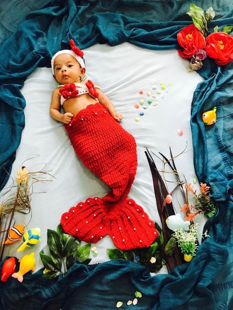 Mermaid Theme Photoshoot Baby, Mermaid Baby Photoshoot, Mermaid Photoshoot Ideas, Mermaid Shoot, Baby Easter Pictures, Monthly Photoshoot, Mermaid Photoshoot, Mermaid Baby, Toddler Arts And Crafts