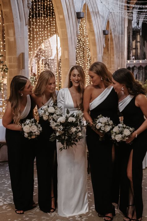 Black And Grey Bridesmaid Dresses, 1 Bridesmaid Wedding, Black White Bridesmaid Dresses, White And Black Bridesmaid Dresses, New Years Eve Wedding Bridesmaid Dresses, Nye Bridesmaid Dresses, Black Tie Wedding Colors, Molten Metals Bridesmaids, Black Tie Wedding Winter