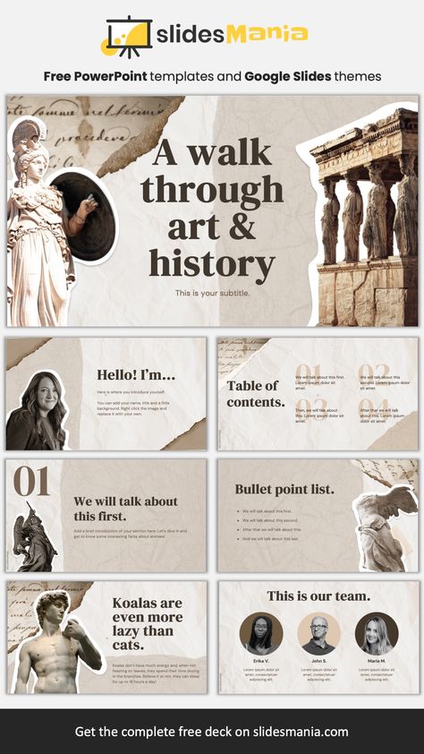 History and Art scrapbook free PowerPoint Template and Google Slides Theme. A walk through art & history free template is perfect for your next history or art presentation. It features a scrapbook style filled with sticker images of famous sculptures and statues, such as Michelangelo’s David and The Winged Victory of Samothrace. Scrapbook Presentation, The Winged Victory, Sticker Images, Mẫu Power Point, Winged Victory Of Samothrace, Presentation Slides Design, Winged Victory, Famous Sculptures, Presentation Topics