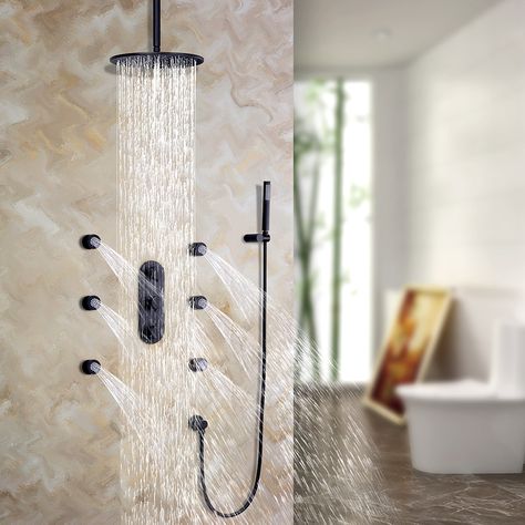 Love this spa-like shower system with body jets Shower Renovation, Rain Shower System, Shower Jets, Contemporary Shower, Spa Shower, Contemporary Ceiling, Shower Holder, Shower Units, Luxury Shower