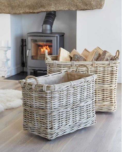 Rattan baskets Wood Baskets, Firewood Storage Indoor, Firewood Basket, Living Room Baskets, Nordic House, Scandi Decor, Log Baskets, Pub Set, Firewood Storage