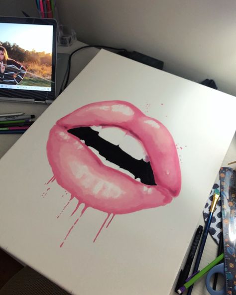 Lip Canvas Painting, Acrylic Lips Painting, Painting Ideas On Canvas Intermediate, Lips Painting Easy, Lip Painting Canvases Easy, Girly Paintings On Canvas Easy, Painting Of Lips, Lips Canvas Painting, Lip Art Painting