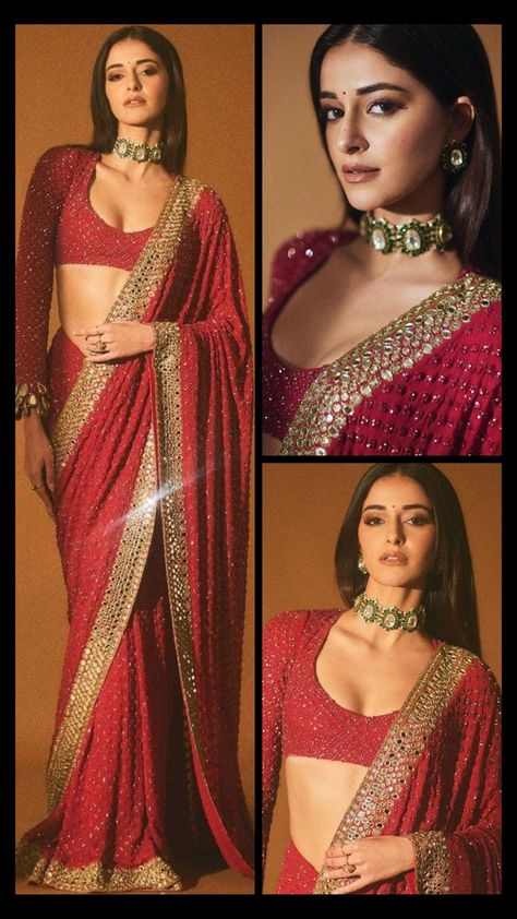 Phera Saree Look, Bright Colour Saree, Indian Outfit Makeup Looks, Saree Street Style, Ananya Pandey Red Saree, North Indian Wedding Guest Saree Look, Farewell Blouse Ideas, Wine Red Saree For Farewell, Red Sari Look