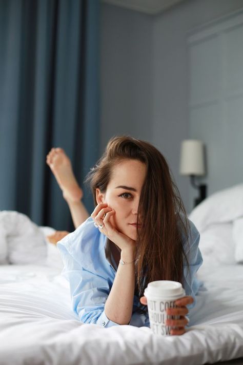 Photoshoot ideas Bedroom Photoshoot, Cup Of Coffee, A Woman, Hotel, Bedroom, Coffee, Bed