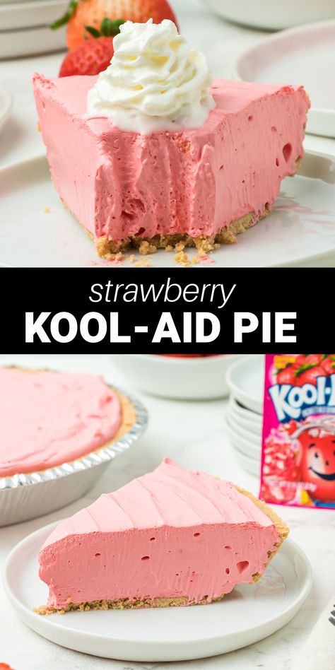 With only 4 simple ingredients, this Kool Aid Pie is a super easy pie recipe that makes an AH-mazingly cool, refreshing and delicious dessert. And because of the bright and pretty colors it's guaranteed to be all the kids' favorite sweet treat! Kool Aid Pie, Kool Aid Pie Recipe, Easy Pie Recipe, Amazing Easy Recipes, Mixed Berry Pie, Banana Split Cake, Summer Pie, Pie Day, Easy Pie Recipes