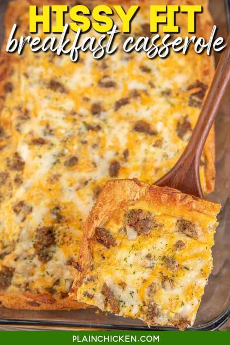 Hissy Fit Breakfast Casserole - Plain Chicken Fruit Salad With Cream, Plain Chicken Recipes, Fit Breakfast, Morning Recipes Breakfast, Easy Breakfast Casserole Recipes, Breakfast Bakes, Best Breakfast Casserole, Breakfast Crescent Rolls, Crescent Roll Breakfast Casserole