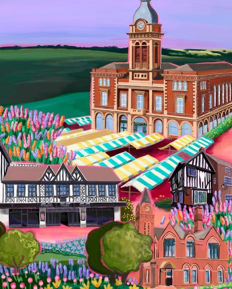 Rebecca Elizabeth | Illustrator 🎨🦋🌸 | Another Chesterfield town illustration ✨ My hometown never looked so colourful, the market hall, the winding wheel and the museum are… | Instagram Hometown Illustration, Small Town Illustration, Beavertown Illustration, Old Marylebone Town Hall, Scarborough Town Centre, Old Pub, Illustrators On Instagram, Town Hall, Royal Oak