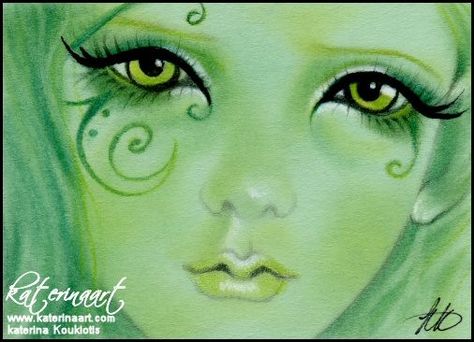 The Green Fairy ACEO by Katerina Koukiotis | ArtWanted.com The Green Fairy, Green Fairy, Big Eyes Art, Halloween Makeup Inspiration, Ethereal Makeup, Fairy Makeup, Fairy Costume, Fantasy Makeup, Costume Makeup