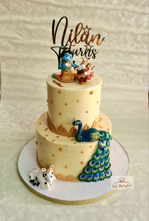 Krishna Theme Cake Ideas, Janmashtami Cake Ideas, Krishna Theme Cake, Krishna Birthday, Half Birthday Cakes, Cake Designs For Boy, Bts Cake, Baby Boy Birthday Cake, Truffle Cake