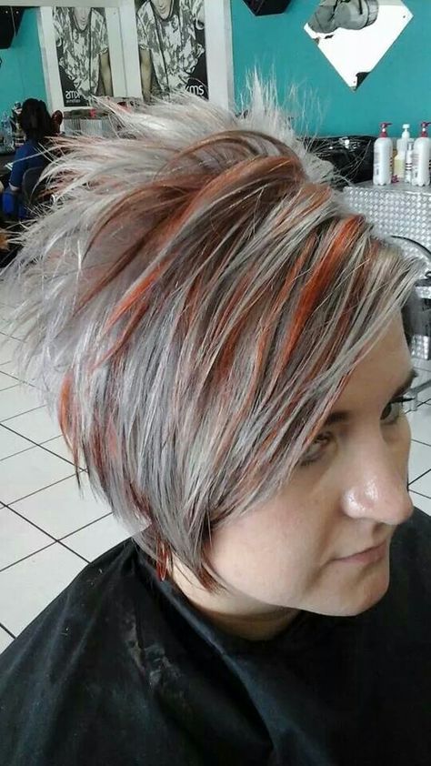 Silver copper and brown Grey And Copper Hair, Grey Hair With Red Highlights, Copper Hair With Highlights, Frosted Hair, Blonde Tips, Silver Grey Hair, Copper Hair Color, Long Bob Haircuts, Short Grey Hair