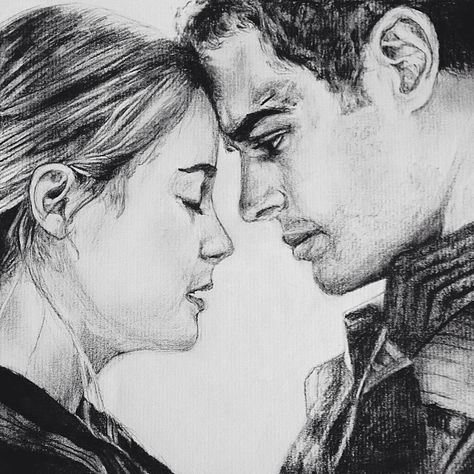 Tris Prior and Tobias Eaton. Divergent by Veronica Roth. Drawing pencil. "I fell in love with him. I stay with him because I choose to. Everyday I wake up, everyday we fight or lie or disappoint each other. I choose him over and over again, and he chooses me." -Tris Prior Divergent Sketches, Tobias And Tris, Divergent Drawings, Movie Drawings, Divergent Fan Art, Divergent Tris, Tris And Tobias, Divergent Four, Tris And Four