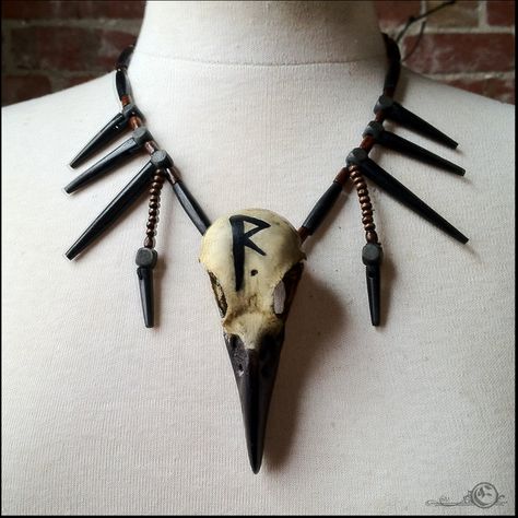 Reise (Journey) Crow Skull Necklace by Elorhan Rune Alphabet, Crow Necklace, Rune Symbols, Crow Skull, Elder Futhark Runes, Norse Runes, Elder Futhark, Pagan Jewelry, Magical Jewelry