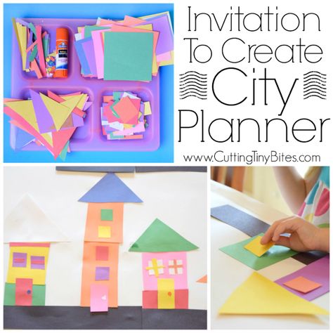 Invitation To Create: City Planner. Open ended creative construction or building paper craft for kids. Great for fine motor development. Perfect for preschoolers, kindergartners, and elementary students, and allows exploration of shapes and colors. Building Paper Craft, Invitation To Create, Fine Motor Development, Paper Craft For Kids, Building Crafts, Motor Development, City Planner, Creative Curriculum, Ecole Art