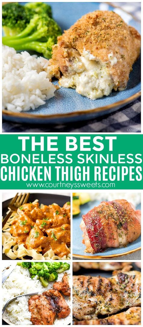 Boneless Chicken Thigh Recipes that everyone will enjoy! Most of these chicken thigh recipes cook up in less than 30-60 minutes! Chicken thighs are super affordable and make for a great family meal! They're also Chicken Thigh Casserole, Chicken Thighs In Oven, Best Chicken Thigh Recipe, Boneless Skinless Chicken Thigh Recipes, Skinless Chicken Thigh Recipes, Chicken Thighs Dinner, Crispy Baked Chicken Thighs, Oven Baked Chicken Thighs, Air Fryer Chicken Thighs