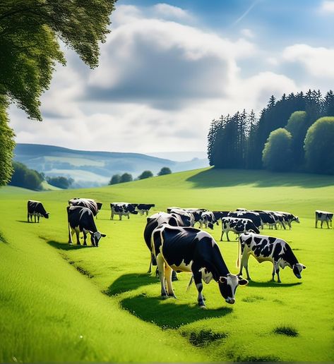 Photo cows grazing on lush green hills u... | Premium Photo #Freepik #photo Cow Grazing, Farm Background, Herd Of Cows, Cows Grazing, Scene Background, Tyres Recycle, Green Hills, Farm Scene, Clear Blue Sky