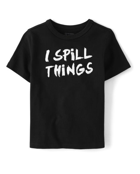 100% cotton jersey 'I Spill Things' graphic design at front Rib-knit crew neck Short sleeves Tagless label Imported. Baby And Toddler Boys Short Sleeve Spill Things Graphic Tee | The Children's Place Baby And Toddler Boys Spill Things Graphic T-Shirt | Size 2T | Black | 100% Cotton Baby And Toddler, Boy Tees, Size 4t, Black Kids, Childrens Place, Boy Shorts, Kids Crafts, Toddler Boys, Kids Boys