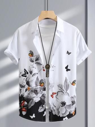 Manfinity RSRT Men 1pc Plants Print Shirt | SHEIN USA Clothes Flower, Kemeja Lelaki, Oversized Clothes, Painting 3d, Streetwear Mode, Street Sweatshirt, Hawaiian Beach, Clothing Casual, Harajuku Streetwear