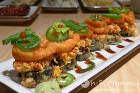 Chili Shrimp Roll with happy hour prices @ Benihana in San Diego, CA Benihana Sushi Rolls, Spicy Shrimp Sushi Rolls, Shrimp Sushi Rolls, Spicy Crab Roll, Shrimp Rolls Recipe, Buffalo Shrimp, Shrimp Sushi, Chili Shrimp, Crab Rolls