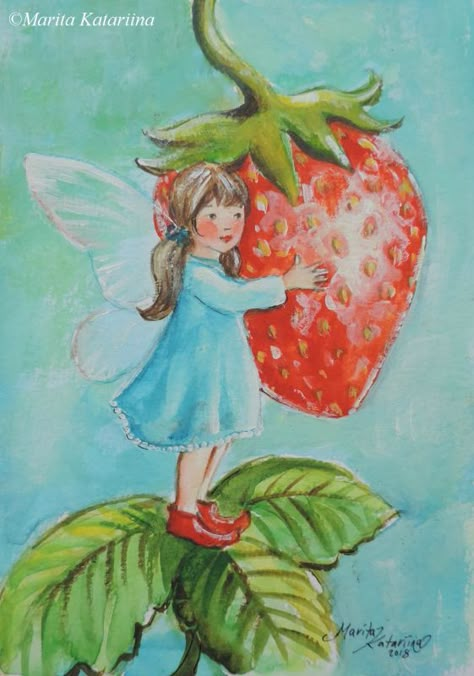 Strawberry Art Illustration, Perfume Moodboard, Fairy Strawberry, Fairy Whispers, Fantasy Fairy Art, Watercolour Fruit, Fairy Picnic, Strawberry Painting, Strawberry Fairy