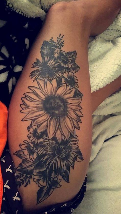 Thigh Piece Tattoos, Sunflower Tattoo Thigh, Sunflower Tattoo Sleeve, Sunflower Tattoo Shoulder, Flower Thigh Tattoos, Thigh Tattoo Designs, Thigh Piece, Pieces Tattoo, Thigh Tattoos