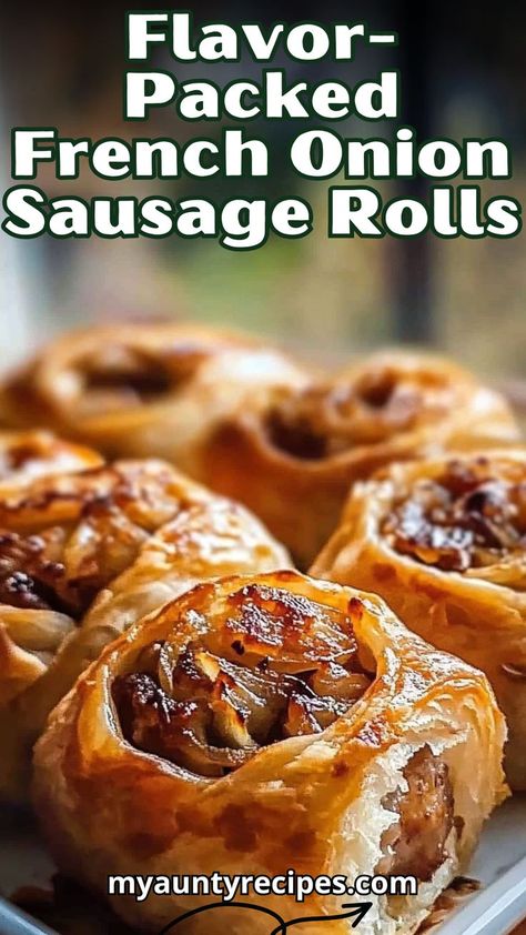 Elevate your party menu with Flavor-Packed French Onion Sausage Rolls! These mouthwatering bites feature a delicious blend of caramelized onions and sausage, all wrapped in flaky pastry. Perfect for sharing, they are sure to be a crowd favorite! Puffed Pastry Sandwiches, Pie Crust Sausage Rolls, Breakfast Sausage Appetizer Recipes, French Onion Puff Pastry, French Onion Soup With Puff Pastry, Sausage Apps, Puff Pastry Sausage Bites, French Onion Sausage Rolls, Sausage Brunch Ideas