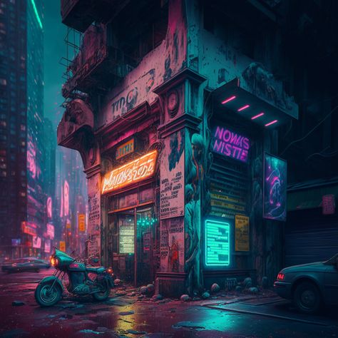 Cyberpunk Coffee Shop, Cyberpunk Building Concept Art, Cyberpunk Market, Cyberpunk Post Apocalyptic, Cyberpunk Interior Design, Cyberpunk Room, Post Apocalyptic City, Cyberpunk Rpg, Sci Fi City