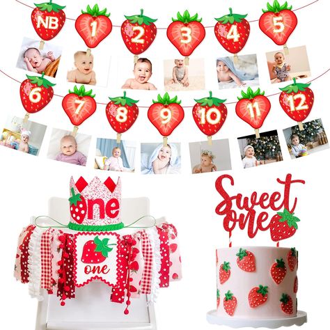 PRICES MAY VARY. what's in the package: in the strawberry birthday decorations package, there is 1 piece of berry first milestone photo banner with 13 cute wooden photo clips, 1 piece of berry first birthday party supplies cake topper, 1 strawberry first birthday highchair banner and 1 berry first birthday decorations crown. banner is pre-strung, no diy required quality material: the strawberry birthday banner is made of thick paper, not easy to bend. strawberry birthday cake topper is composed Berry First Birthday Decorations, Sweet One Birthday Party, Paper Strawberry, Strawberry Cake Decorations, Sweet One Birthday, First Birthday Crown, Strawberry Theme, 1st Birthday Girl Decorations, Berry First Birthday