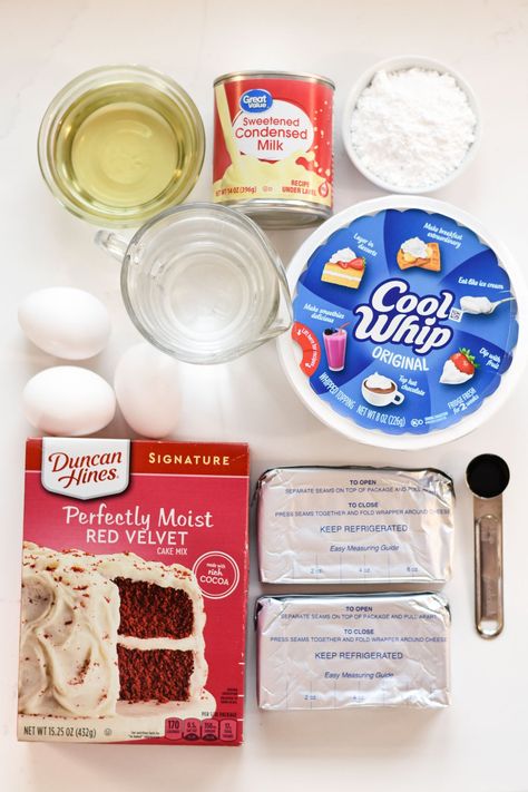 Red Velvet Poke Cake Sweeten Condensed Milk Recipes Desserts, Brownie Poke Cake, Red Velvet Cake Mix Recipes, Red Velvet Poke Cake, Homemade Red Velvet Cake, Dance Around The Kitchen, Sweetened Condensed Milk Recipes, Cream Cheese Sauce, Poke Cake Recipe