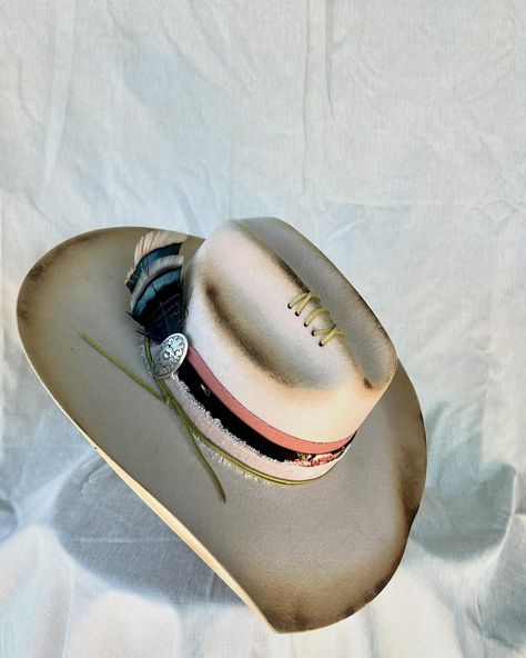 “Cow Belle” Custom burned and banded silver belly cowboy hat adorned with hand sewn details, matches, leather, silver concho, multiple fabrics and turkey feathers. Very good quality cashmere wool felt hat. One of a kind. Size: 7 $275 https://theroguecowpoke.etsy.com/listing/1807938475 Felt Cowboy Hats, Turkey Feathers, Hats For Sale, Felt Hat, Cashmere Wool, Leather Silver, Custom Hats, Cowboy Hat, Hand Sewn