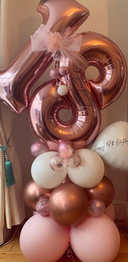 18th Birthday Decorations, 21st Birthday Decorations, 18th Birthday Cake, Diy Balloon Decorations, Balloon Arrangements, Rose Gold Party, Birthday Balloon Decorations, Balloon Gift, Diy Birthday Decorations