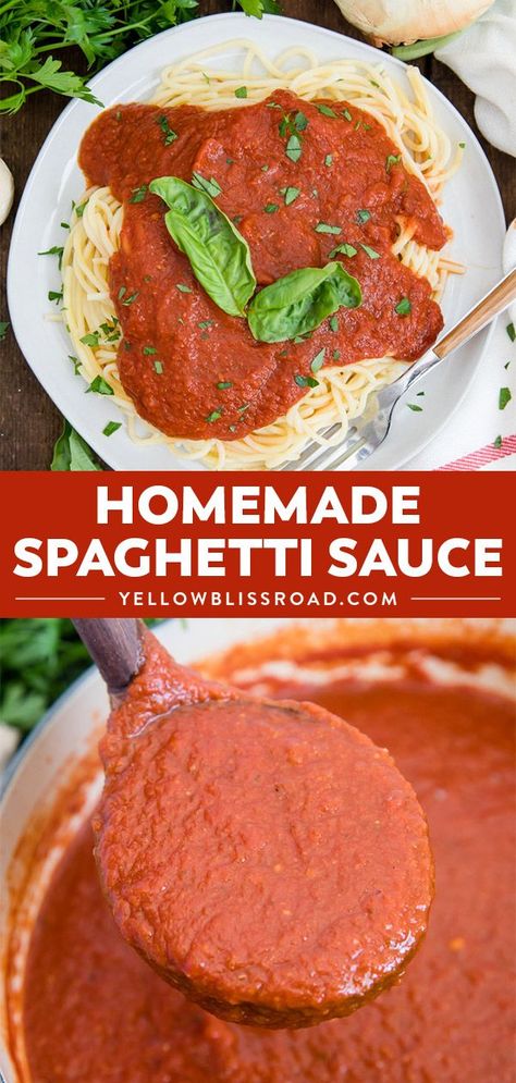 Easy Homemade Spaghetti Sauce - Simple to make and so much better than jarred. Make a double or triple batch to freeze for later so you're always ready for spaghetti night! #yellowblissroad #dinnerrecipes #pastarecipes Spaghetti Night, Homemade Spaghetti Sauce Easy, Yellow Bliss Road, Dinner Favorites, Meat Sauce Recipes, Spaghetti Sauce Recipe, Homemade Spaghetti Sauce, Pantry Ingredients, Homemade Spaghetti