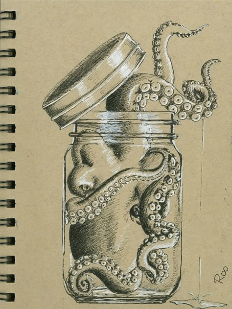 Octopus in a Jar by RooPeanutbutter Octopus In A Jar Tattoo, Octopus Glass Art, Octopus In A Jar, Octopus In A Bottle, Octopus Drawings, Wine Bottle Drawing, Drawing Octopus, Under The Sea Drawings, Jar Drawing