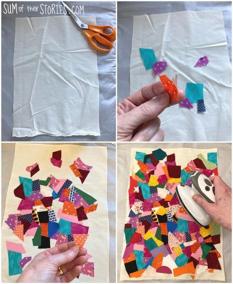 Fabric Crumbs Projects, Cotton Scrap Projects, Making Fabric From Scraps, Stitching Art Fabric Scraps, Uses For Fabric Scraps, Easy Scrap Fabric Projects, Scrap Projects Sewing, Scrap Fabric Applique, How To Make A Scrappy Quilt