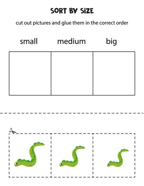 Cut out pictures and sort them by size. Small, medium or big. Educational worksheet. Small Medium Big Activities, Big Medium Small Preschool Activities, Aba Activities, Size Sorting, Cut Out Pictures, School Board Decoration, Sorting Mats, Out Pictures, Alphabet Soup