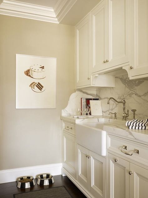 The walls are painted in a cafe au lait color Small Baths, Homestead Projects, Cabinets Hardware, Kitchen Butlers Pantry, Marble Counters, Farmhouse Backsplash, Countertop Ideas, Beadboard Backsplash, Herringbone Backsplash