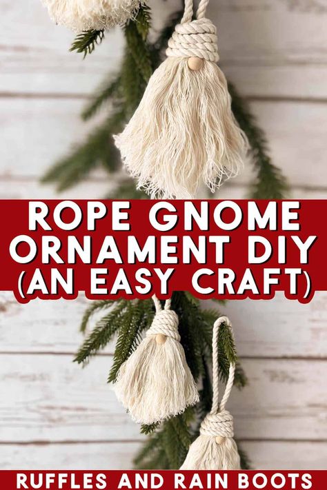 Use this free tutorial to create rope gnome ornaments, complete with a fluffy gnome beard! This fun Christmas ornament is perfect for a craft idea to make and sell this holiday season, as they do not take a long time and only use a couple of supplies. This beginner macrame craft idea will use two macrame cord sizes, scissors, and glue for assembly. These rope gnomes are great for Christmas tree ornaments or package ties, so get the free written and video tutorial at Ruffles and Rain Boots. Rope Christmas Tree Diy Ornaments, Easy Macrame Gnomes, Macrame Santa Gnome Tutorial, Rope Christmas Decorations, Rope Gnomes, Macrame Gnomes Diy, Gnome Ornaments Diy, Rope Ornaments, Swedish Gnomes