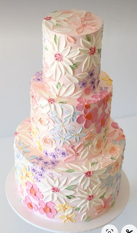 Summer Birthday Cake For Women, Buttercream Floral Wedding Cake, Boho Cake Design, Palette Knife Cake Decorating, Pastel Birthday Decorations, June Cake, Wedding Cake Pastel, Grad Party Cake, Palette Knife Cake