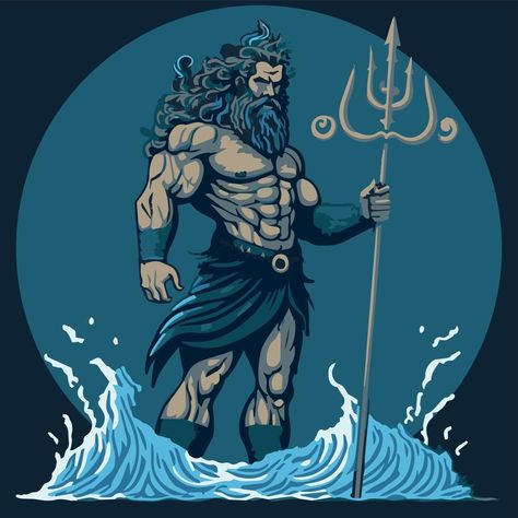 Poseidon vector art. Greek mythological god of water. Lord of the sea and oceans. Poseidon Drawing, Poseidon Art, God Of Water, Water Drawing, Water Art, Work Design, God Art, Norse Mythology, Superhero Art