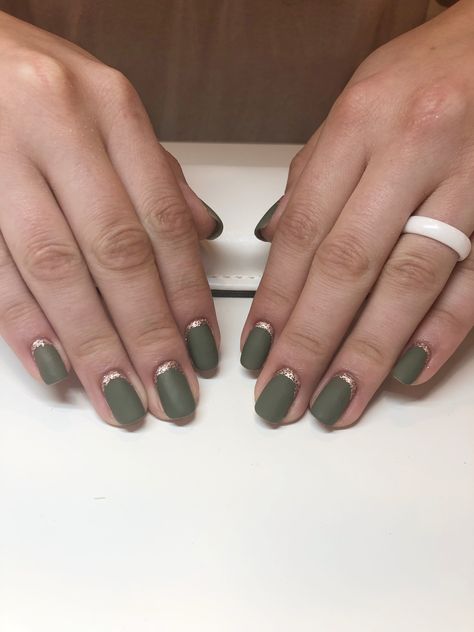 @nailsby.whit Matte Olive green with rose gold cuticle cuffs Olive Green And Gold French Tip Nails, Manicure Olive Green, Khaki Gold Nails, Cuticle Cuff Nails, Rose Gold Matte Nails, Gold Cuticle Nail Art, Olive Green And Silver Nails, Olive Green French Tip Nails Short, Nails To Match Olive Green Dress