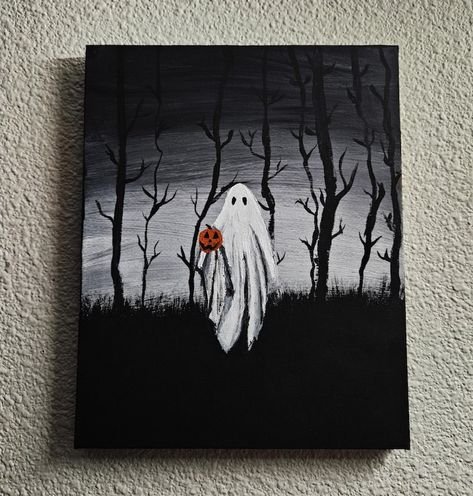 Hand Painted Ghost Forest Painting Holding a Pumpkin - Etsy UK Fall Painting Canvas Ideas, Scary Painting Pumpkins, Ghost Rock Painting, Halloween Acrylic Painting Ideas, Simple Halloween Paintings On Canvas, Simple Fall Paintings, Black Canvas Paintings Easy, Spooky Painting Ideas, Ghost Painting Ideas