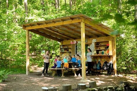 Outdoor Classroom Pavilion, Outdoor Classroom Whiteboard, Outdoor Forest Classroom, Natural School Playground, Indoor Outdoor Classroom, Forest School Structures, Forest School Building, Outdoor Teaching Space, Nature Based School Design