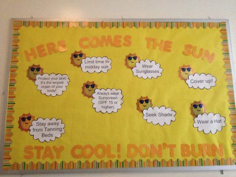 Safety Bulletin Board, Pe Bulletin Boards, Physical Education Lesson Plans, Nurse Bulletin Board, Health Bulletin Boards, Office Bulletin Boards, School Nurse Office, Work Bulletin Boards, Summer Bulletin Boards