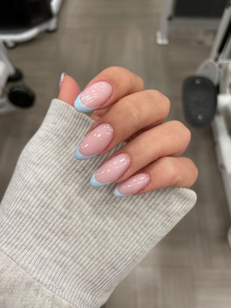 Dusty Blue Tip Nails, Pastel Nails Oval, Pastel Oval Nails, Pale Blue French Tip Nails, Pastel Blue French Tip Nails, Baby Blue Oval Nails, Dusty Blue Nails Wedding, Dusty Blue Wedding Nails, Nails Baby Blue French