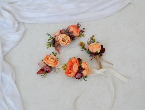 Fall wedding set Orange burgundy wedding comb Rust bridal hairpiece Autumn boutonniere Fall wedding wrist corsage Orange Burgundy Wedding, Boutonniere Orange, Wedding Wrist Corsage, Rust Wedding, Wedding Comb, Bridal Hairpiece, Flower Crown Hairstyle, Flower Comb, Hair Flower