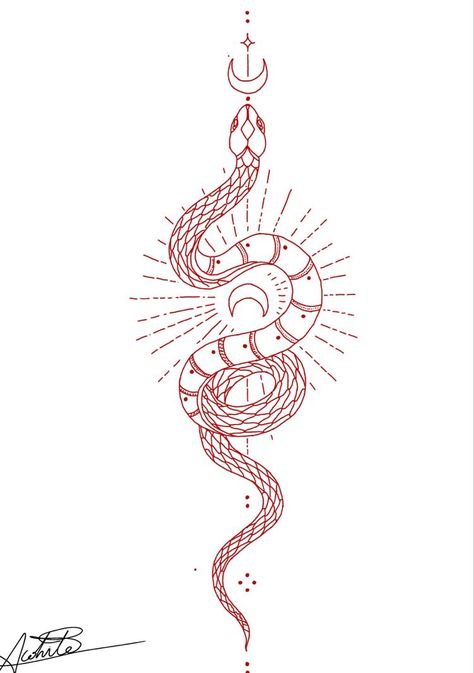 Snake Tattoos Geometric, Snake On Back Tattoo Women, Tattoo Ideas With Snakes, Snake Tattoo With Moon, Snake With Sun And Moon Tattoo, Snake Words Tattoo, Snake Tattoo Down Spine, Serpent Back Tattoo Women, Snake And Moon Back Tattoo