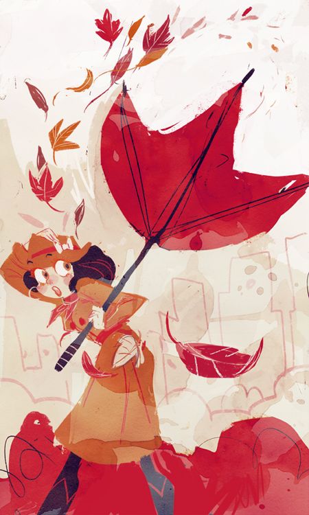 fall by ~cbernie on deviantART Falling Cartoon Drawing, Falling Leaves Illustration, Girl With Umbrella Drawing, Fall Leaves Blowing In The Wind, Girl Holding Umbrella Drawing, Rain Art, Illustration Story, Red Umbrella, Vintage Illustration Art