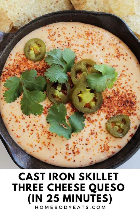 Need an easy and delicious appetizer? Make this three cheese classic yellow queso dip that is sure to be a crowd pleaser! The entire recipe is made using a cast iron skillet on the stovetop. The cream cheese, yellow cheddar, and white cheddar blend together for a perfectly smooth cheese dip. Plus, Tajín seasoning adds the perfect amount of spice to this dish. Yellow Queso Dip, Tajin Seasoning, Queso Blanco Dip, White Queso Dip, Cheese Queso, Queso Dip Recipes, Queso Recipe, Cheese Dip Recipes, Yellow Party